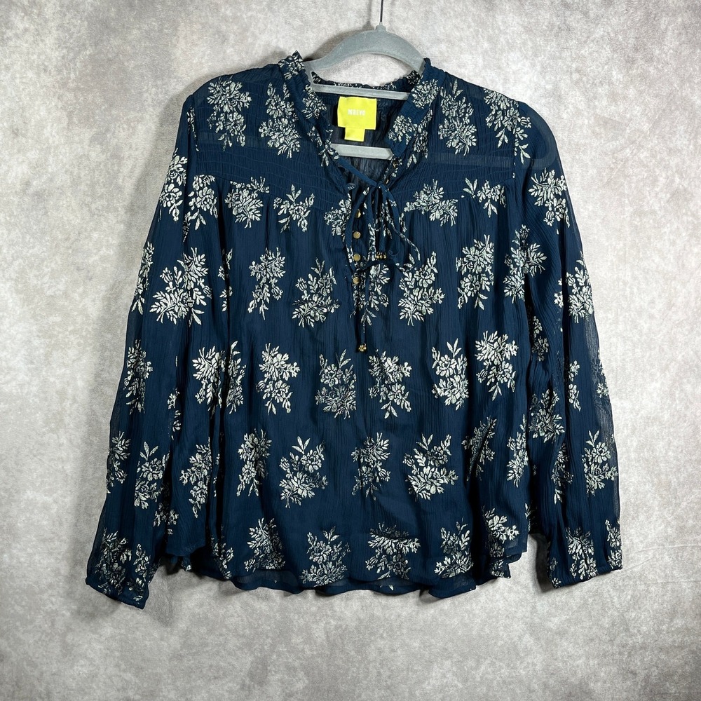 Maeve Blouse Women Small Blue Floral Metallic Sheer Tie Ruffle Neck Crinkle Boho